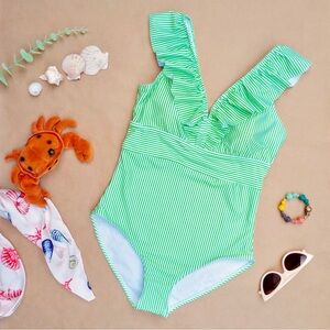AAVA ❉ Ruffle Oceane Retro One Piece Swimsuit in Neon Stripe Green Size M
